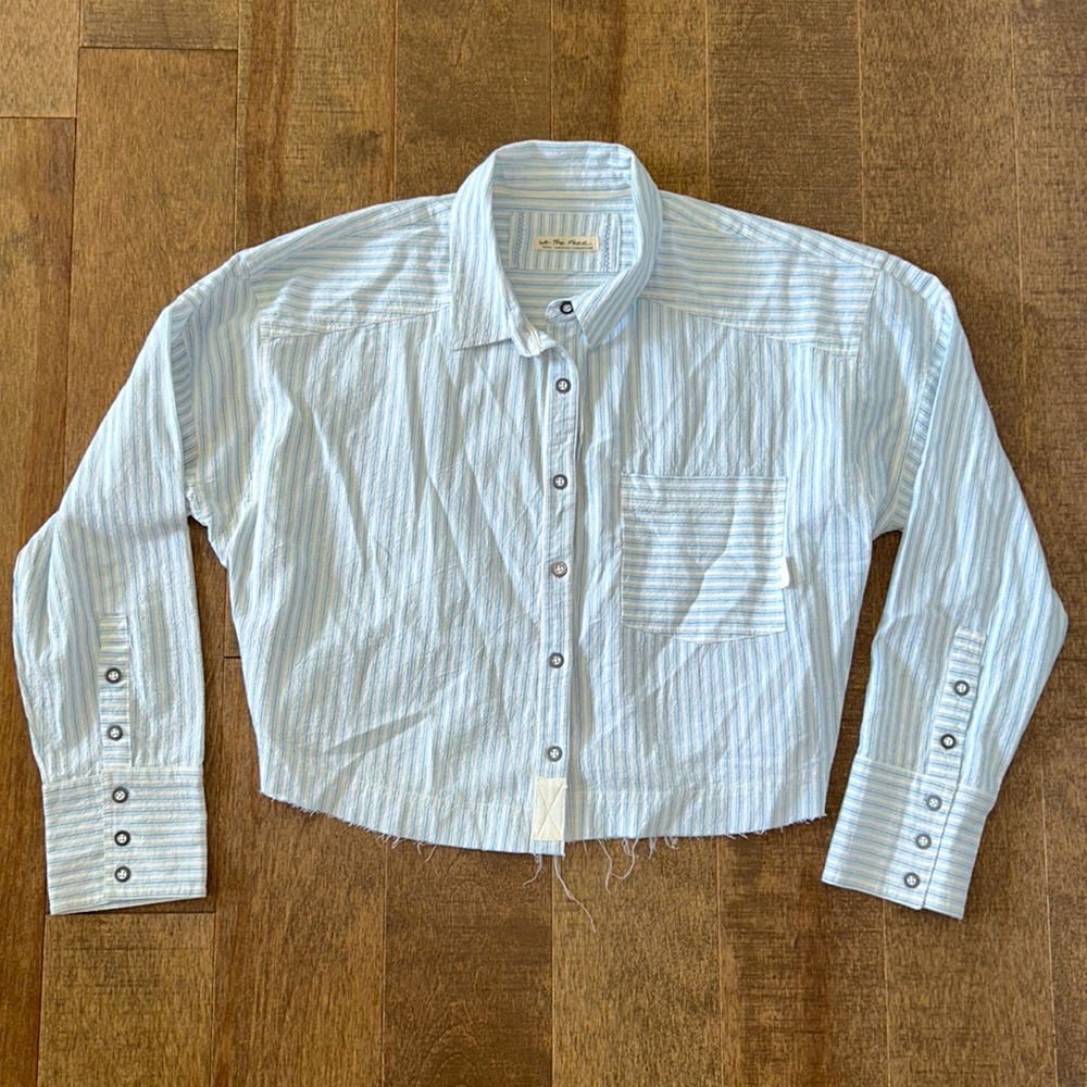 Free People/ We The Free “Chrissy Crop Oxford Top” in Blue Stripe - Size Small